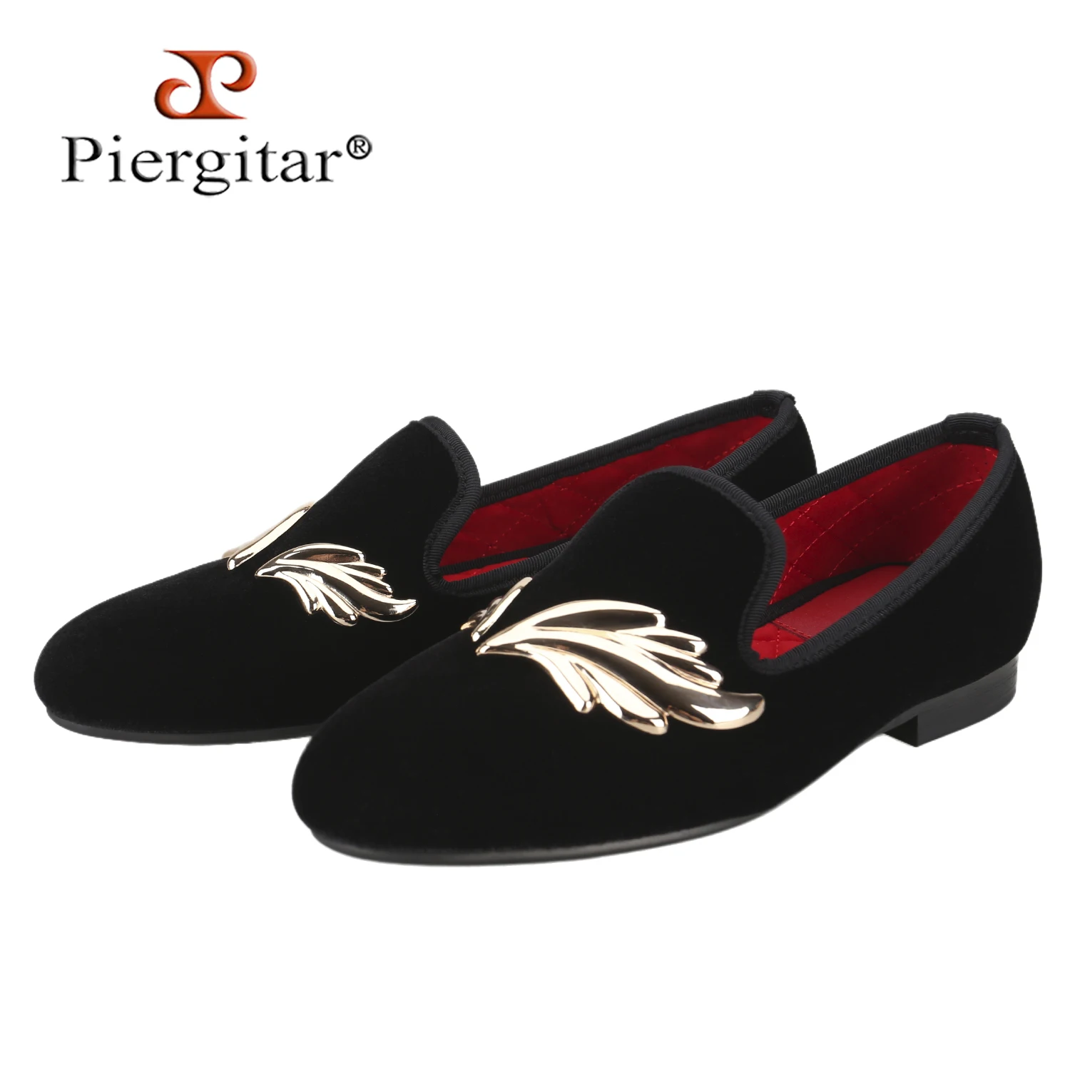 

Piergitar Classic Style Black Velvet With Gold Wings Buckles Women Loafers Handmade In GuangZhou Slip-On Flats For Party Wear