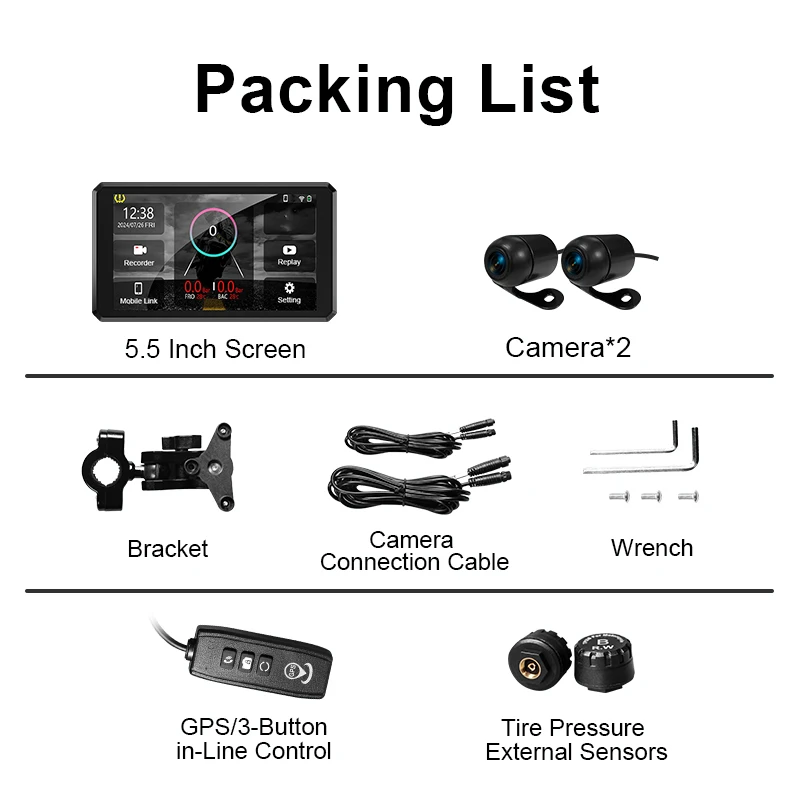 Motorcycle Carplay-5.5 Inch GPS Navigation Display Touch Screen Waterproof GPS Dual Cameras TPMS Support Carply & Android Auto