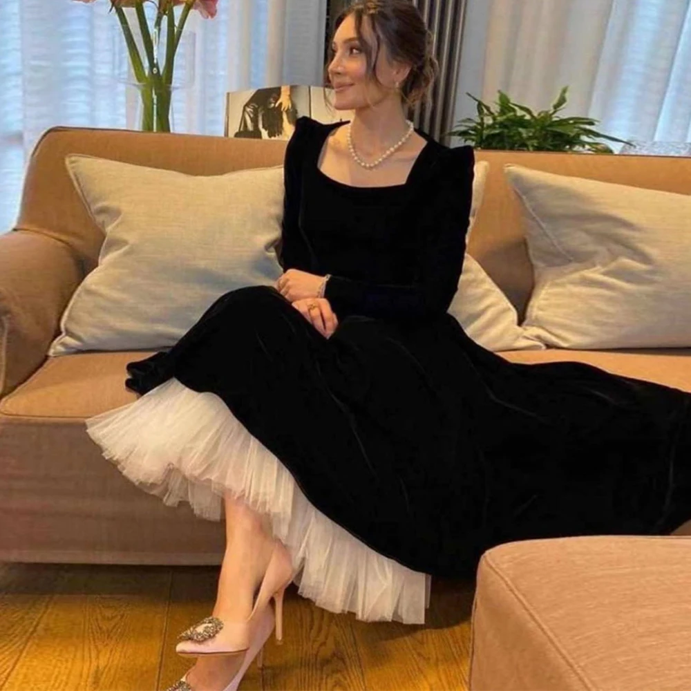 

Elegant Black/White A Line Prom Dress Formal Evening Dresses Square Neck Long Sleeves Velour Night Party Gowns Vestidos 2024