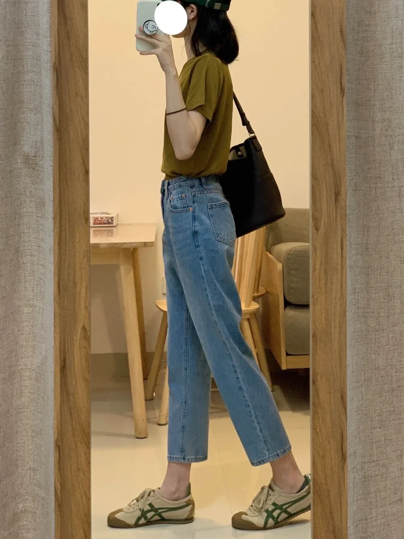 Celana jins wanita, celana jins Retro pinggang tinggi, celana ketat wanita, tipis, musim panas, celana lurus peramping, celana mode jalanan tinggi, desain