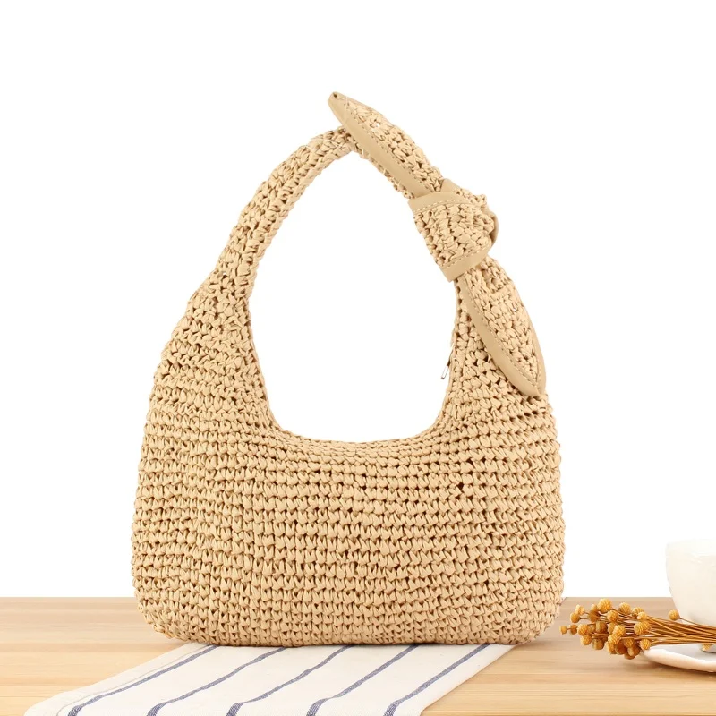 

Leisure Solid Color Paper Rope Woven Bag Women's Beach Vacation Underarm Bag Large Capacity Travel Bag Stylish Bow Shoulder Bags