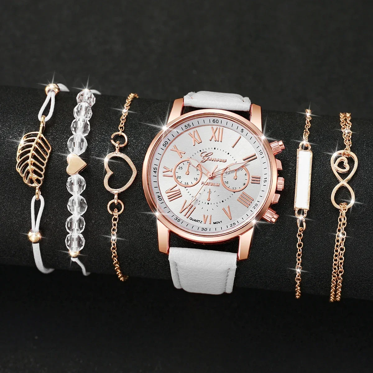 6 Pçs/set Relógio Feminino Moda Roma Dial Relógios de Quartzo Conjunto de Pulseiras (Sem Caixa)
