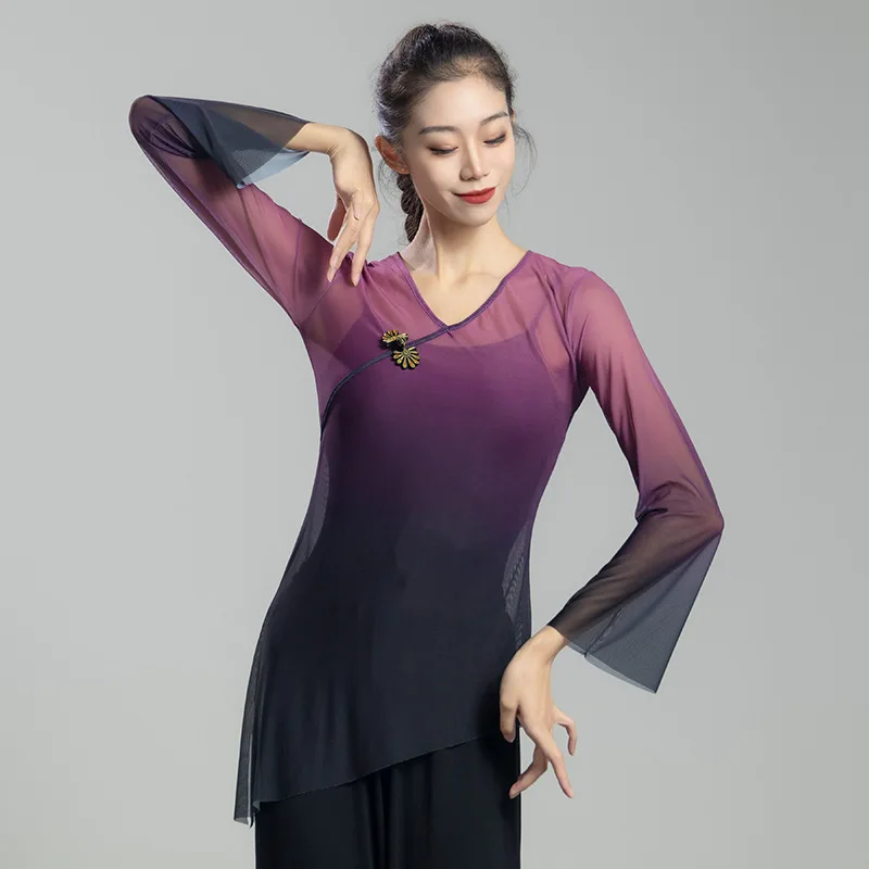 Classical Dance Top Women Gradual Flowing Gauze Clothes Chinese Dance Practice Costume Chinese Knot Folk Dance Fairy Mesh Top