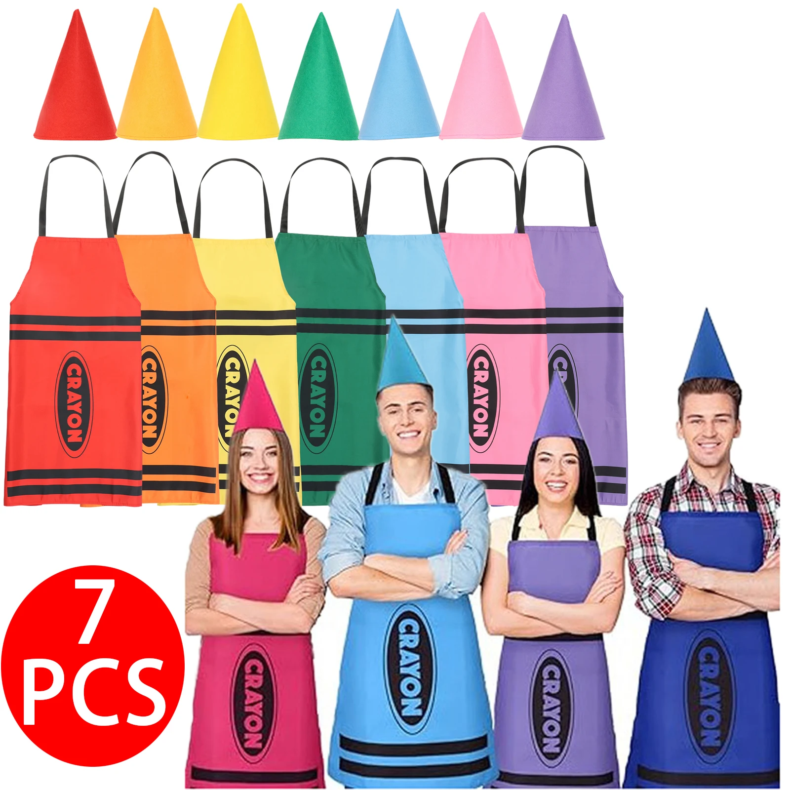7Pcs Crayon Apron Costume Set 7 Colors Fancy Crayon Apron and Funny Cone Hats Costume Set for Adults Family Halloween Party