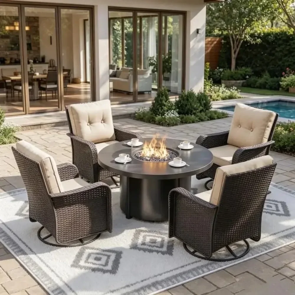 7-Piece Outdoor Swivel Rocking Chair Set with 40,000 BTU Round Fire Pit Table, Patio Furniture Set, Wicker Patio, Customized