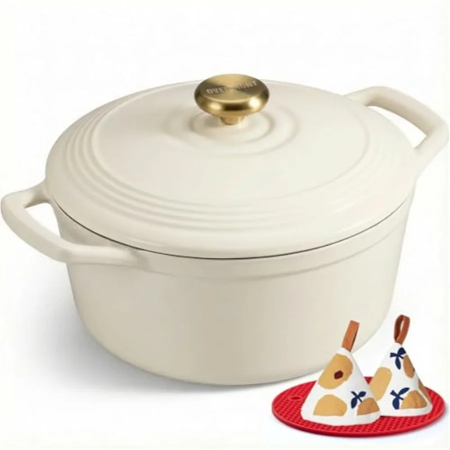

Enameled Cast Iron Dutch Oven - 5.5QT Pot with Lid Cookbook and Cotton Potholders - Heavy-Duty Cookware for Braising Stews Roas