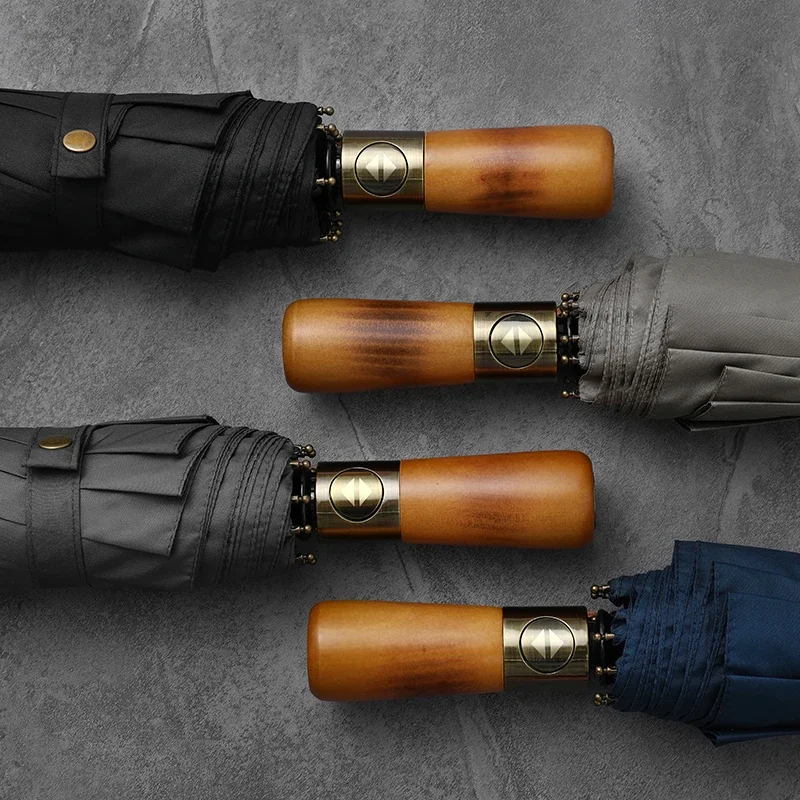 Q Automatic Umbrella Rain Women Men 115cm Double Layer Windproof Umbrella Wood Handle 10 Ribs Golf Umbrellas Paraguas