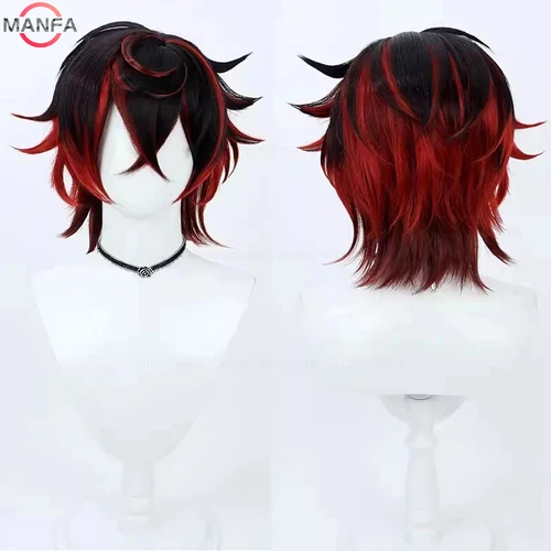 Peluca de Cosplay Kuro Kurenai, pelo sintético corto negro y rojo resistente al calor, fiesta de Halloween, juego de rol, Carnaval + gorro de peluca