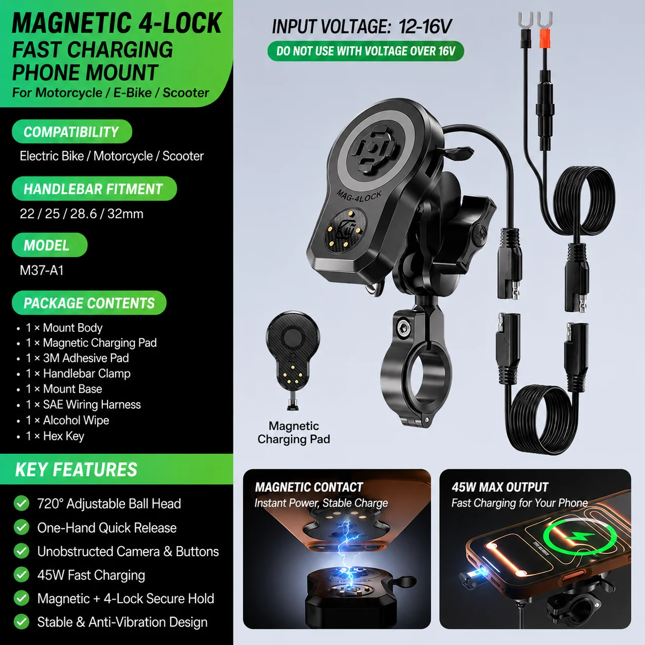 45W Magnetic Fast Charging Phone Mount for Motorcycle E-Bike Scooter, 4-Lock Waterproof Handlebar Phone Holder with USB-C Pad