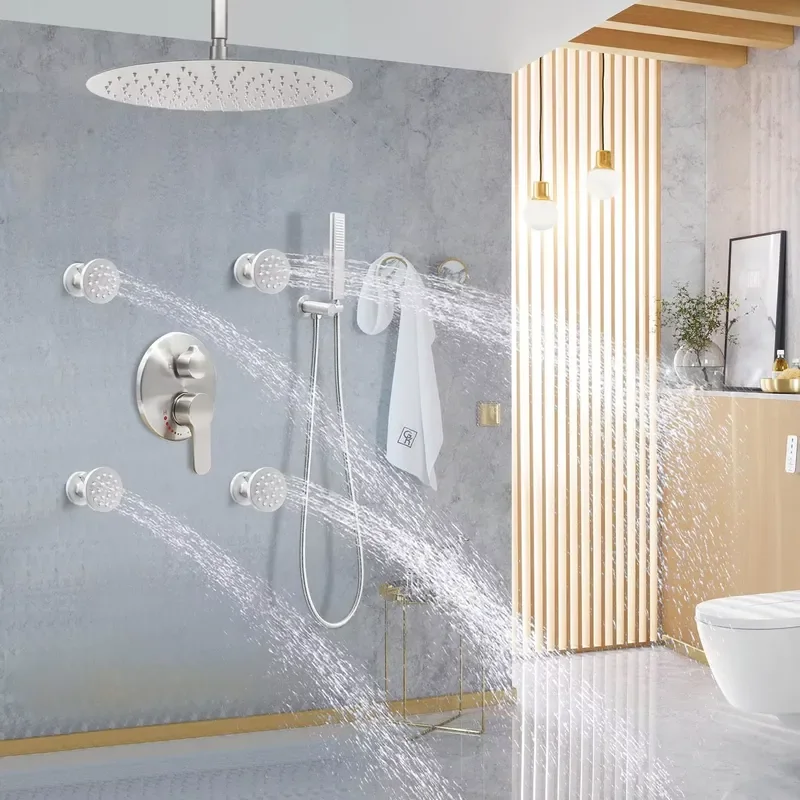 for Commercial Grade Brushed Nickel Round Shower System 4 Body Jets Adjustable Rainfall Shower Head On Off Switch Valve Made