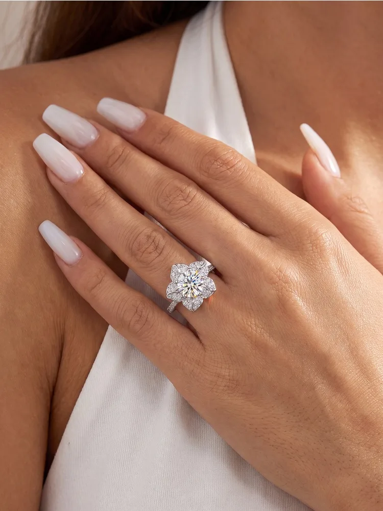 Echter 1ct zertifizierter Moissanit-Diamant, personalisierter Blumenring für Damen, Dating, 925 Sterling Silber, hochwertiger Schmuck – Detail 4