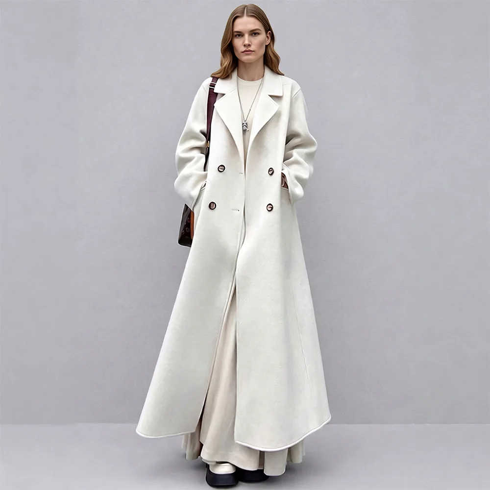 New Women Elegant Daily Woolen Coat Autumn Winter Fashion Suit Collar Double Breasted Long Wool Blends Coat Loose Overcoat