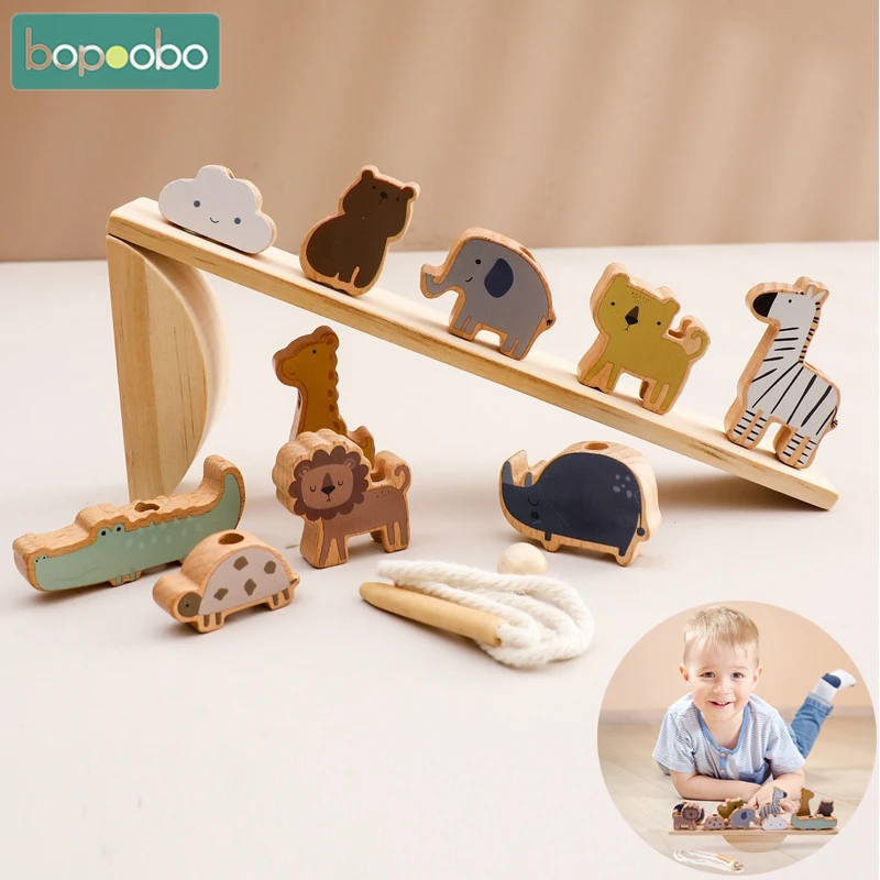 Baby Threading Seesaw Toys Wooden Animal Stacking Toys Blocks Game Montessori Hands-on Balance Ability Educational Children Gift