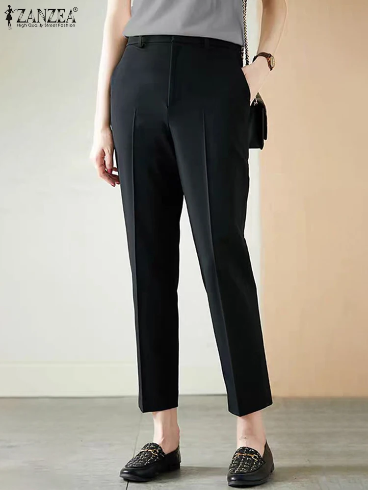 

ZANZEA 2024 Summer Pleated Work Pantalon Women Solid Long Trousers Korean Office Calf Suit Pants Fashion Straight Leg Nine Pants