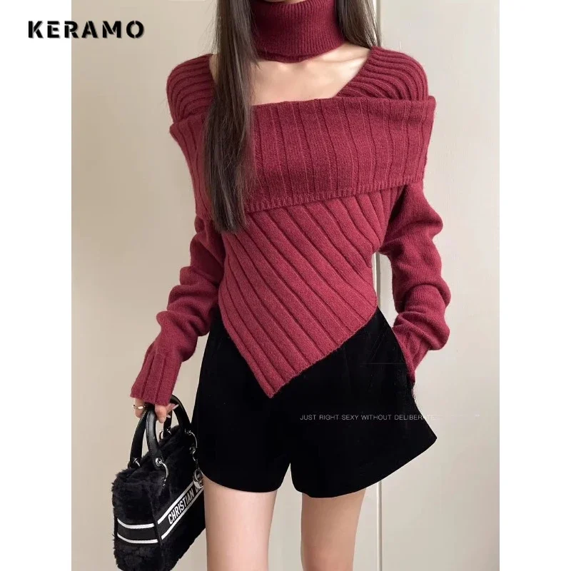 

2025 Winter Knitting Long Sleeve Casual Y2K Pullovers Fashion Women Chic Red Coquette Square Collar Warm Slim Fit Sweater