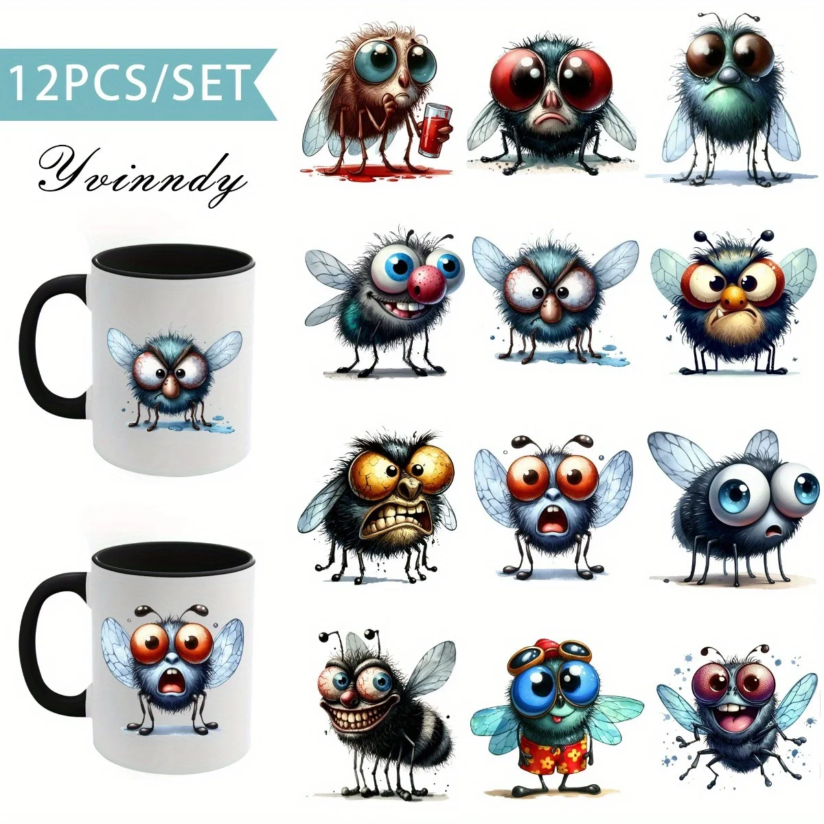 

Набор из 12 шт. УФ DTF самоклеящейся декоративной трансферной пленки Light Beigeny с интересными мотивами мух и насекомых для DIY-декора тумблеров