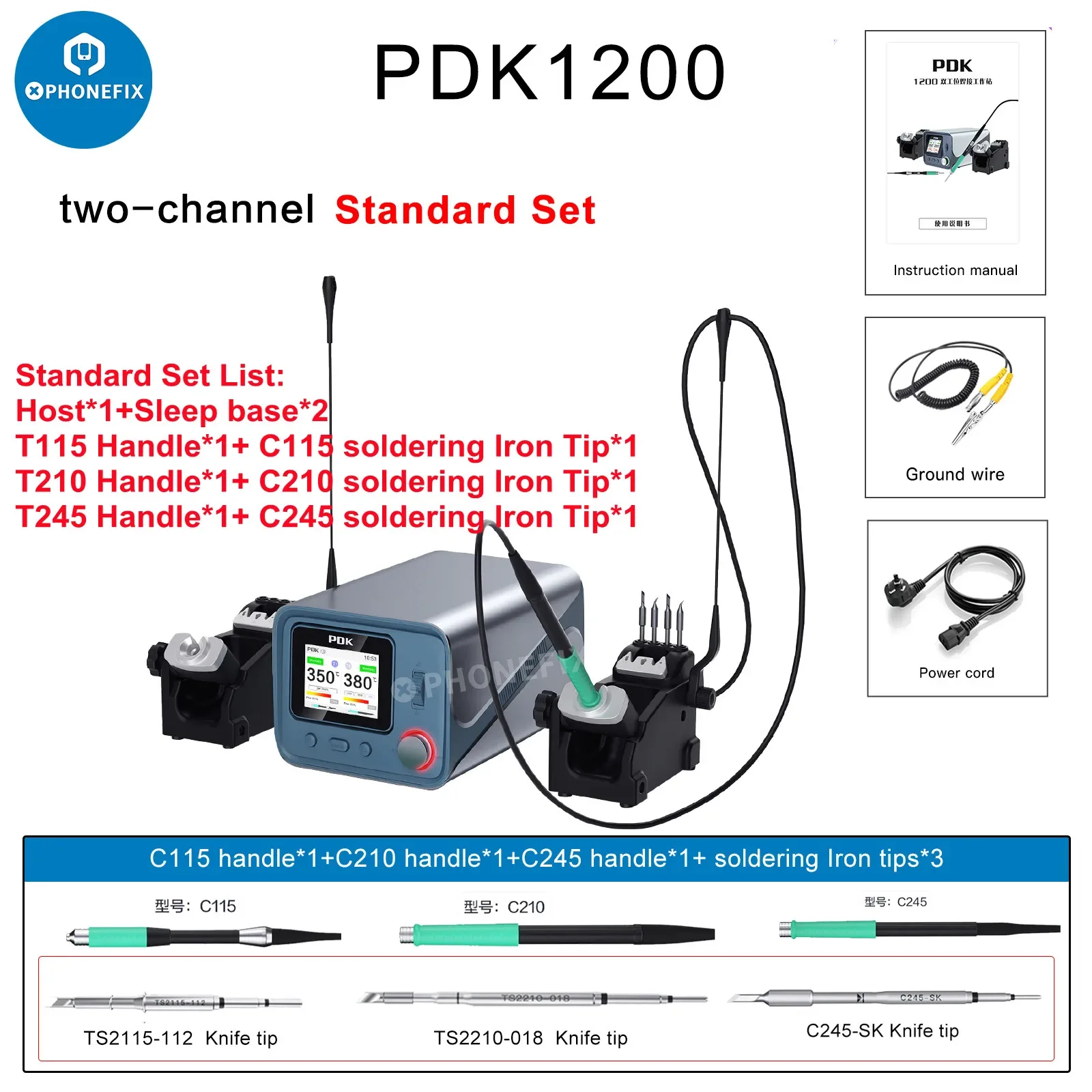 I2C PDK1200 Saldatura intelligente doppia stazione con C245 C210 C115 Maniglia Punte per saldatore Stazione per riparazione saldatura PCB SMD