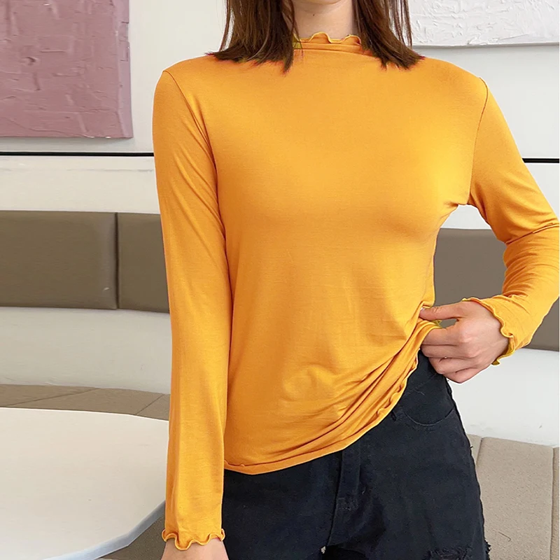 High Neck Solid Casual Long Sleeved Top Fungus Fdge Simple basics T-shirt Black Lady Trend Women New In Clothes Skinny Casual