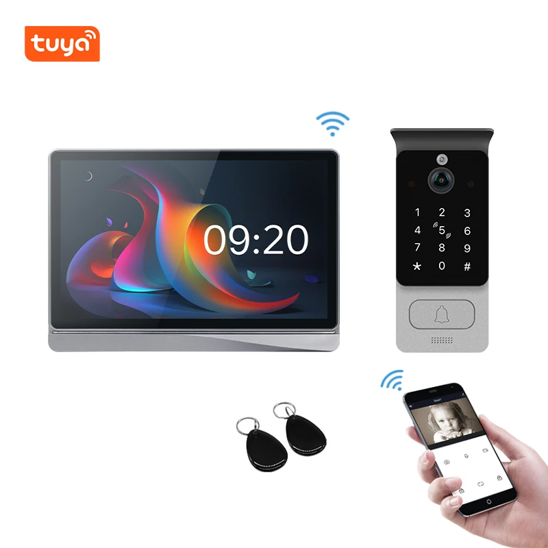 Tuya Smart IP 2MP Video intercomunicador puerta de metal teléfono con control de acceso con tarjeta IC y pantalla táctil de 10 pulgadas