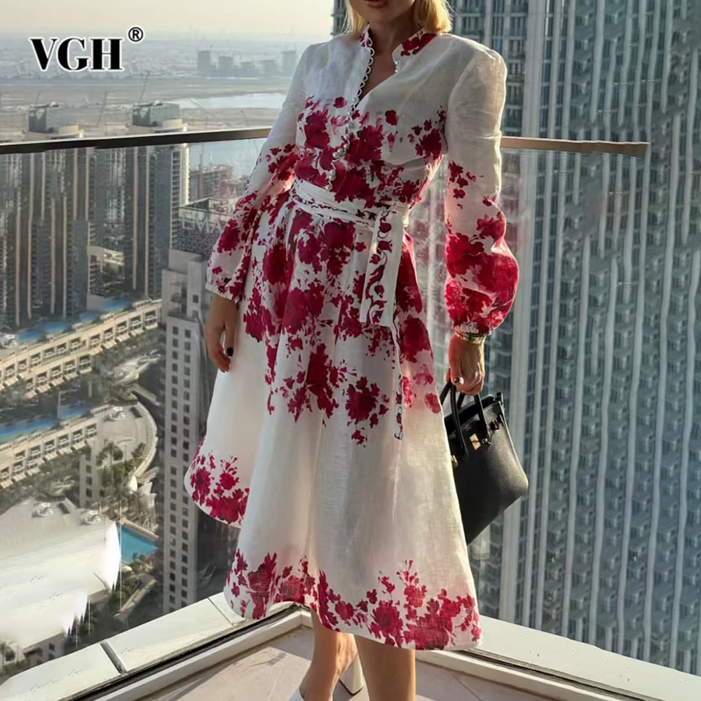 

VGH Bohemia Holiday Printing Mid Dress for Women Lapel Lantern Sleeve High Waist Spliced Lace Up Elegant Dresses Female Fashion
