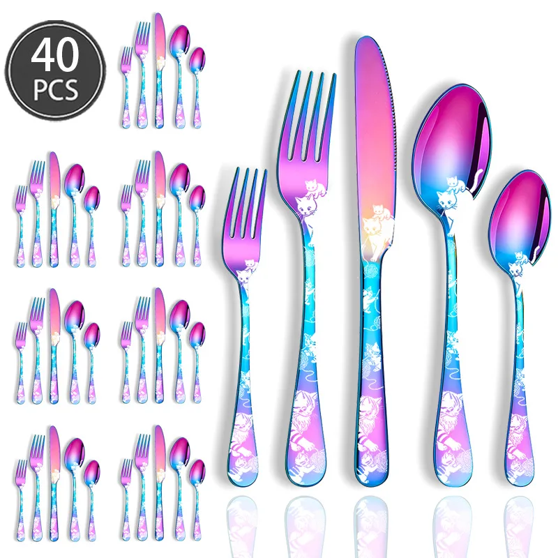 Rose Cat Laser Engraved Tableware Set 4/15/25/40Pcs Stainless Steel Steak Cutlery Knife Fork Spoon Couple Festival Dinnerware