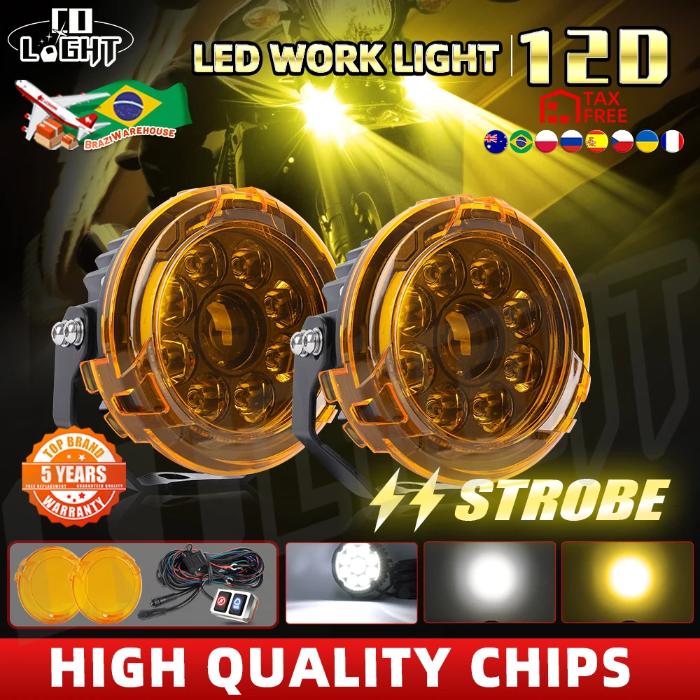 CO LIGHT 2PC Motorcycle Headlights White Yellow Super Bright 5inch LED Working Light Motorbike Fog Lamp Scooters Waterproof