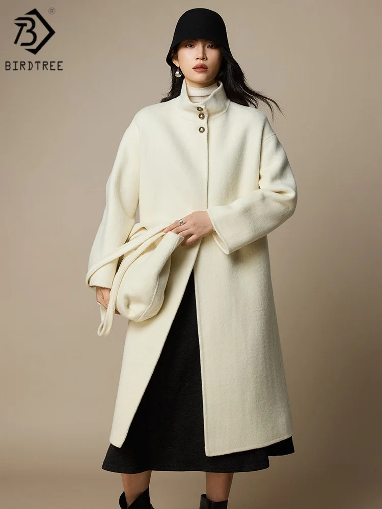 

Birdtree,Wool Blended Long Coat,Woman Stand Collar Casual Tops,Double-side Woolen,Autumn Winter Overcoat,Grey,White T5N409JF