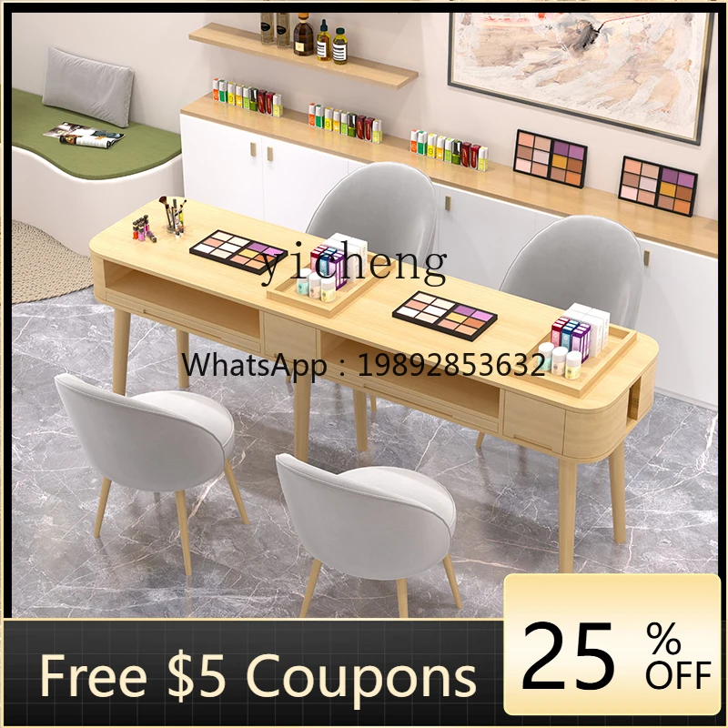 Pure Solid Wood Nail Table Rounded Corner with Vacuum Cleaner Log Style Double Storage Solid Wood Nail