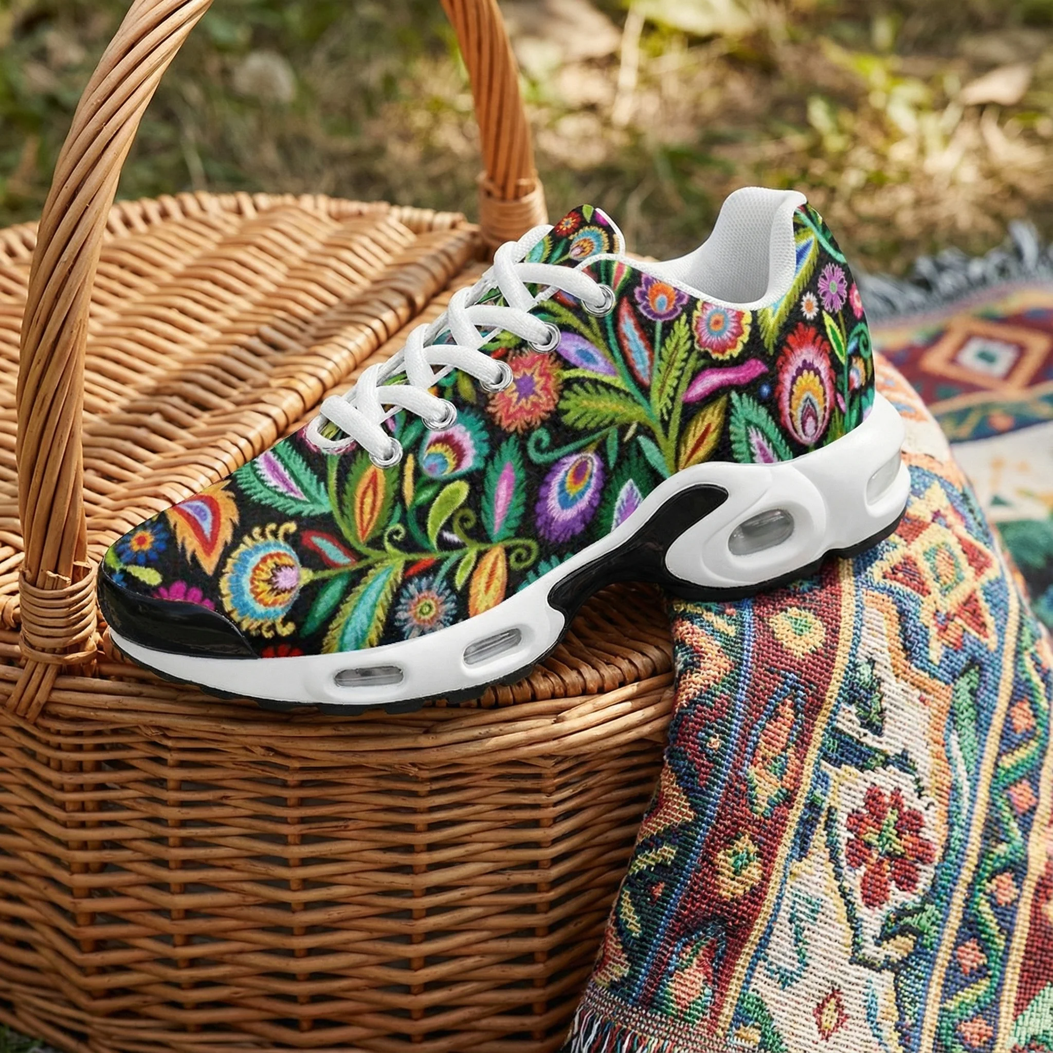 

Polish traditional paper-cut floral prints casual air-cushioned shoes breathable mesh sport shoes for woman