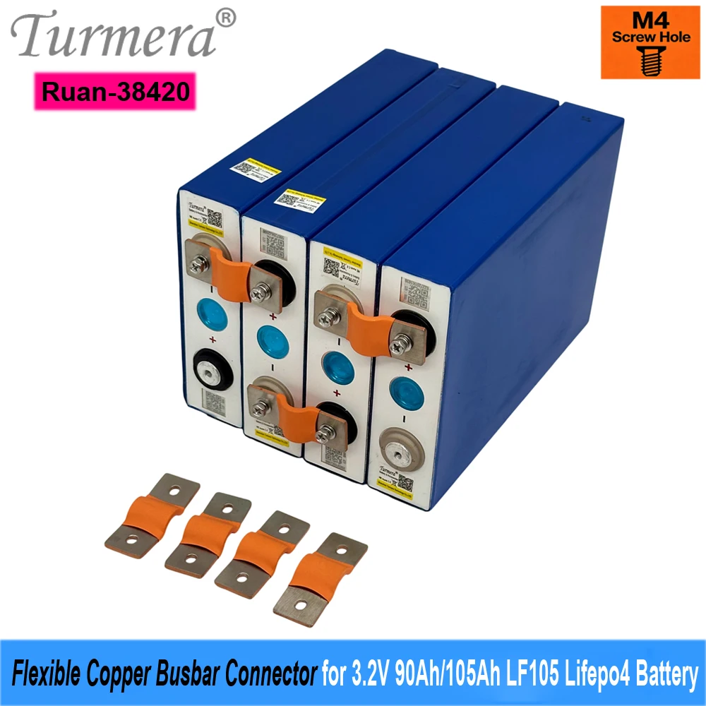 Turmera 24V 48V 12V Lifepo4 Battery Flexible Busbar Copper Connector 38mm 2mm 300A M4 Screw for 3.2V EVE LF90 LF105 Cell DIY Use