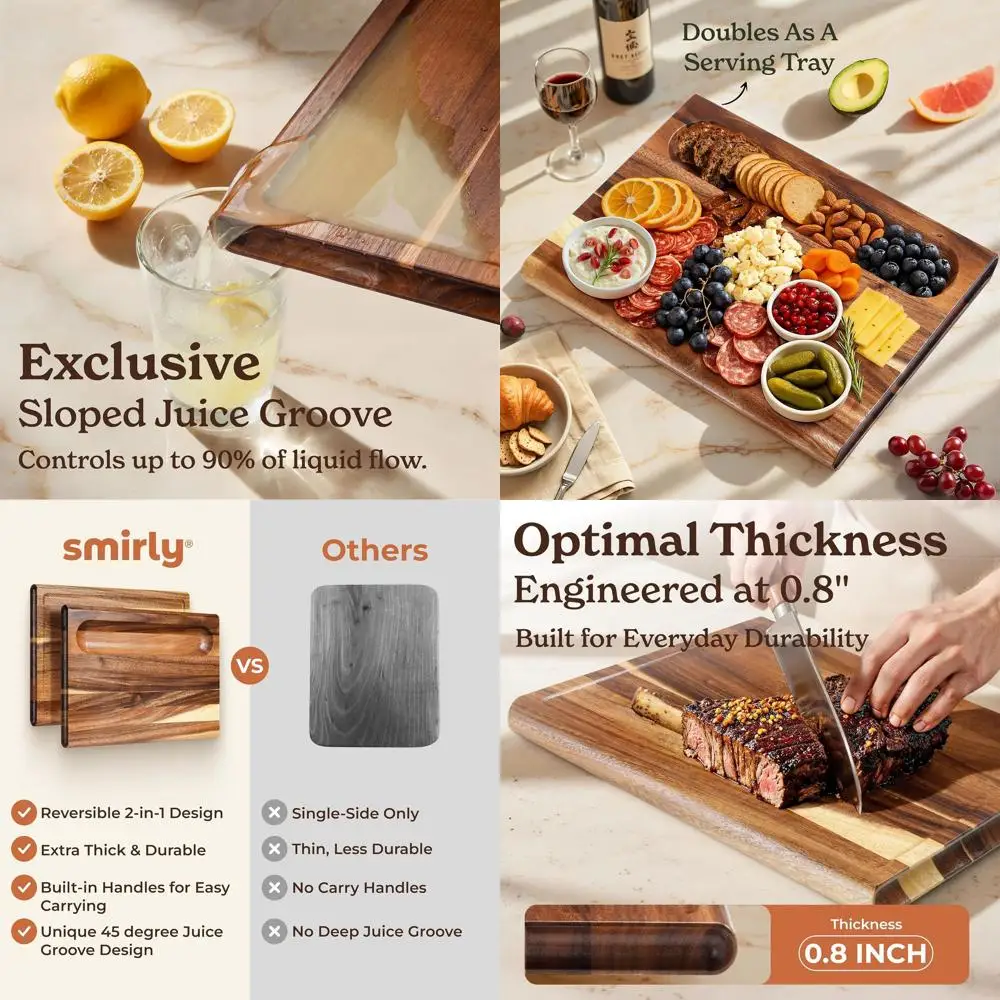 

Очень большая разделочная доска из твердой древесины ореха толщиной 17, глубокая канавка для сока, сверхмощная и легкая очистка