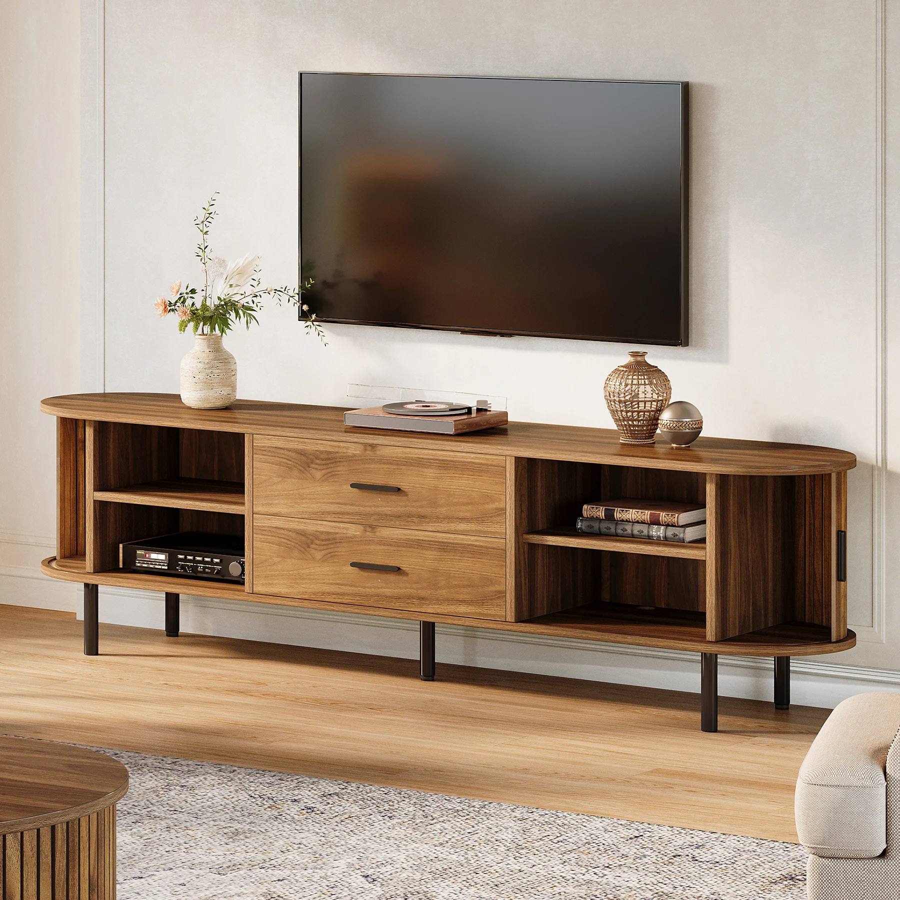 70" Mid‑Century Modern TV Stand with Sliding Tambour Door & Fluted Design 6