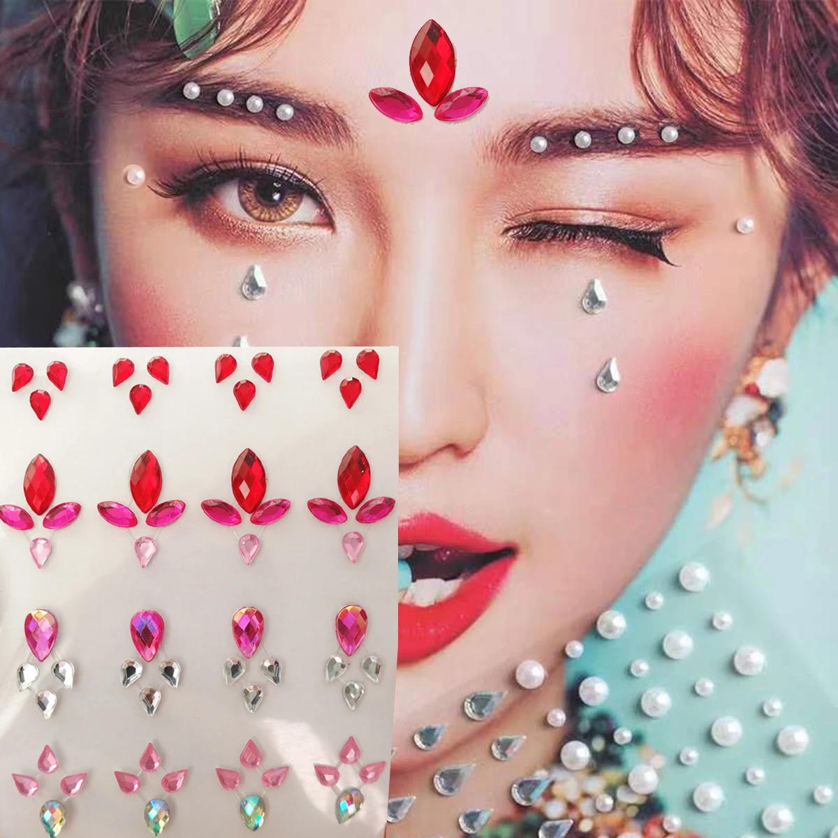 12Sheets/Lot Makeup Music Festival Face Jewels Stickers Self-adhesive Crystal Face Decoration Sticker Fake Tattoos