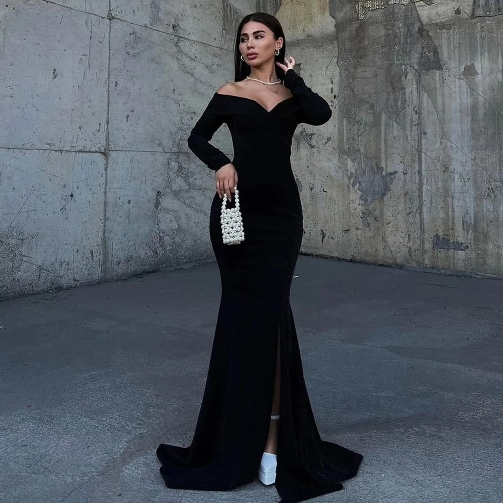 

Customized Black V-neck Jersey Formal Evening Dress With Split Full Sleeves Party Dress Backless Mermaid Floor Length Prom Gown