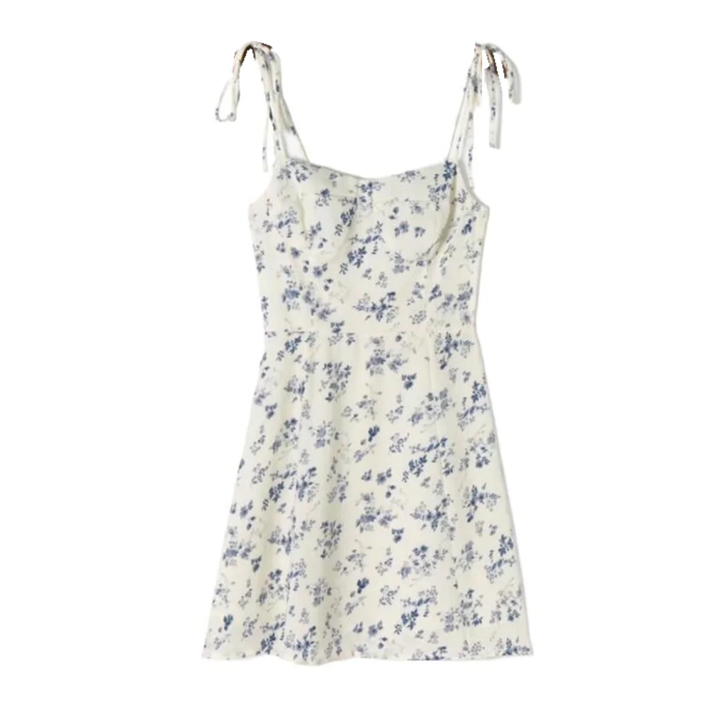 

Retro Beige Blue Floral Print Bandage Spaghetti Strap Short Dress Sexy Women Slim Bow Lacing Up Sling Dresses Holiday Robe