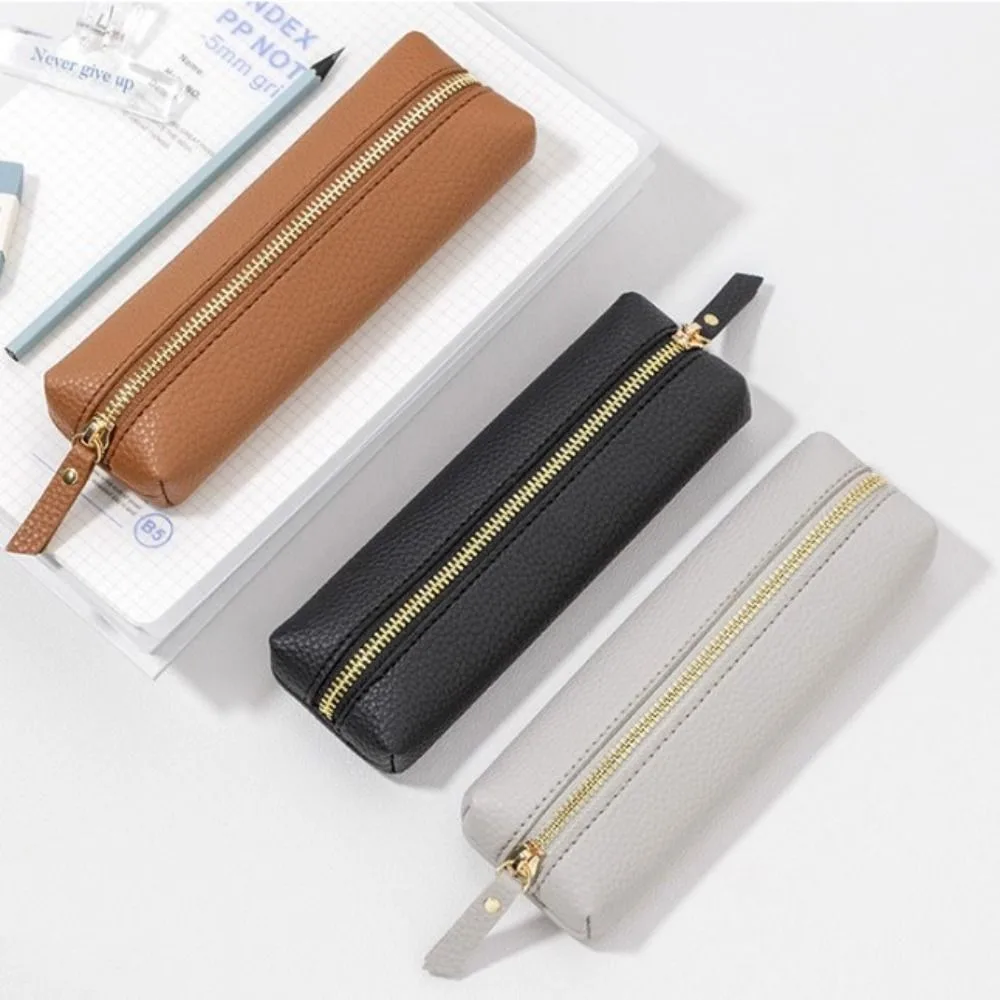 Zipper Vintage Leather Pencil Bag Desktop Organizer Large Capacity Pen Case Storage Bag Waterproof High-end Pencil Pouch Holder