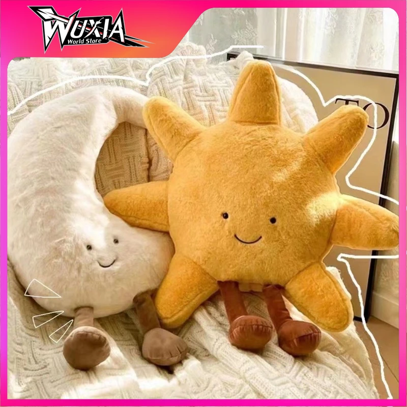 35/48cm Adorable Smile Face White Moon Yellow Sun Plushie Stuffed Cute Cartoon Weather Plush Toy Bedroom Decor Sofa Throw Pillow