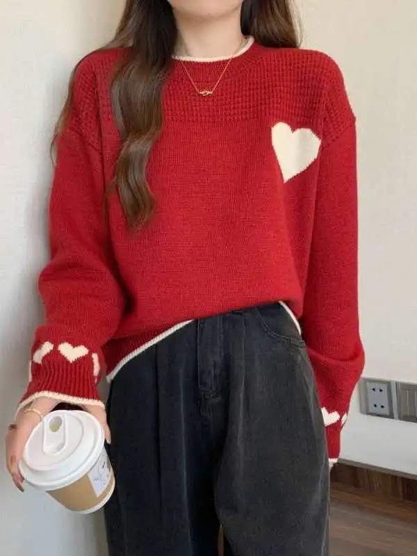 Pull en tricot rond pour femmes, brodé, décontracté, ample, amincissant, pour l'automne et l'hiver, nouvelle arrivée