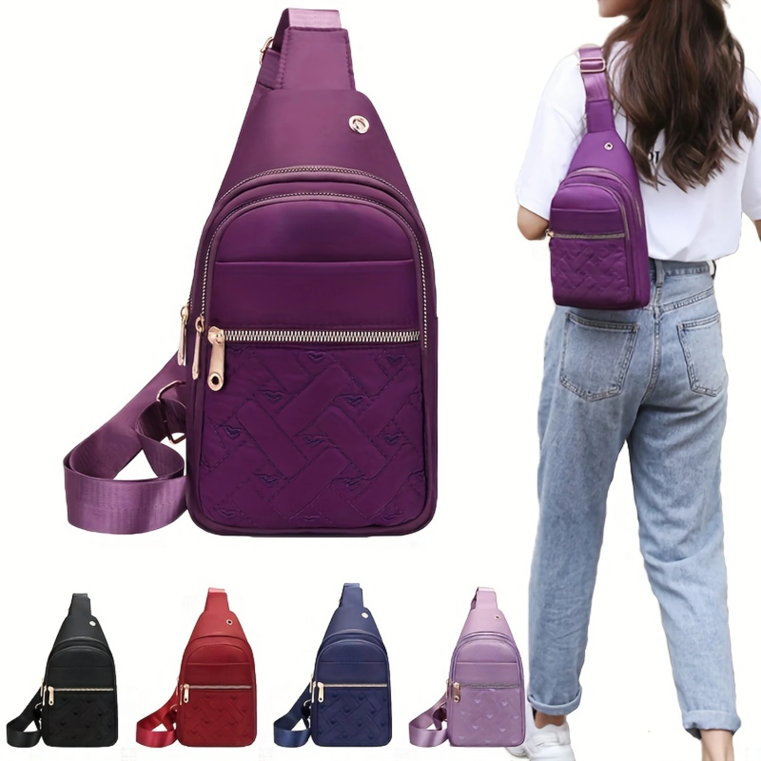 

1pv Heart Pattern Embroidery Nylon Chest Bag, Quilted Diagonal Bag, Fashion Simple Crossbody Bag For Outdoor Travel