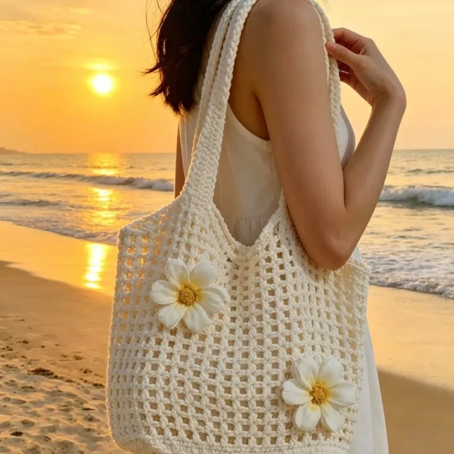 

Cross-border knitted handbag, woven mesh hollow flowers, large capacity, elegant design, all-match shoulder bag, summer