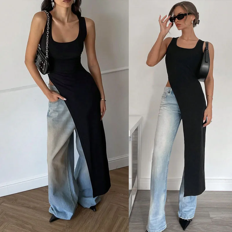Sexy Ärmelloses Midi-Kleid mit Hohem Seitenschlitz Rückenfreies Damenkleid für Sommer Party Club Streetwear Y2K-Stil Einfarbig