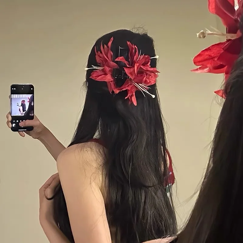 

1 шт., новые китайские винтажные боковые заколки для волос с красным цветком, аксессуары для волос в отпускном стиле