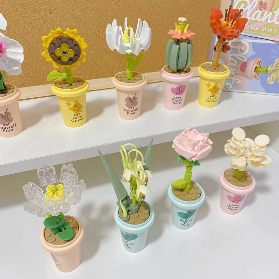 DIY MOC Potted Plants Vase Cup Succulents Cactus Gypsophila Mountain Lotus Decorate Building Blocks Model Bricks Sets Kits Toys