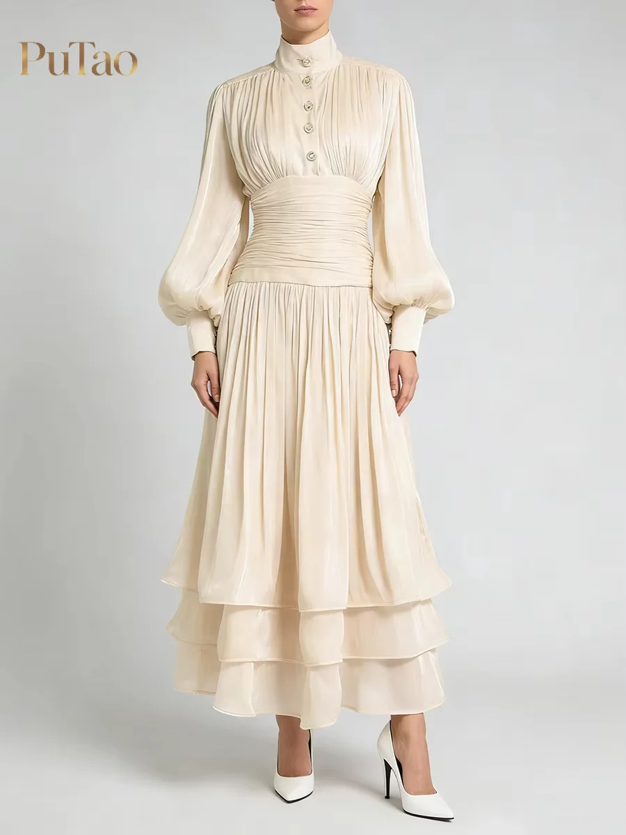 PuTao Modest Stand Neck Puff Long Sleeve Ruched Waist Multi Layer Tiered Midi Gown For Saudi Wedding Dinner Formal Party