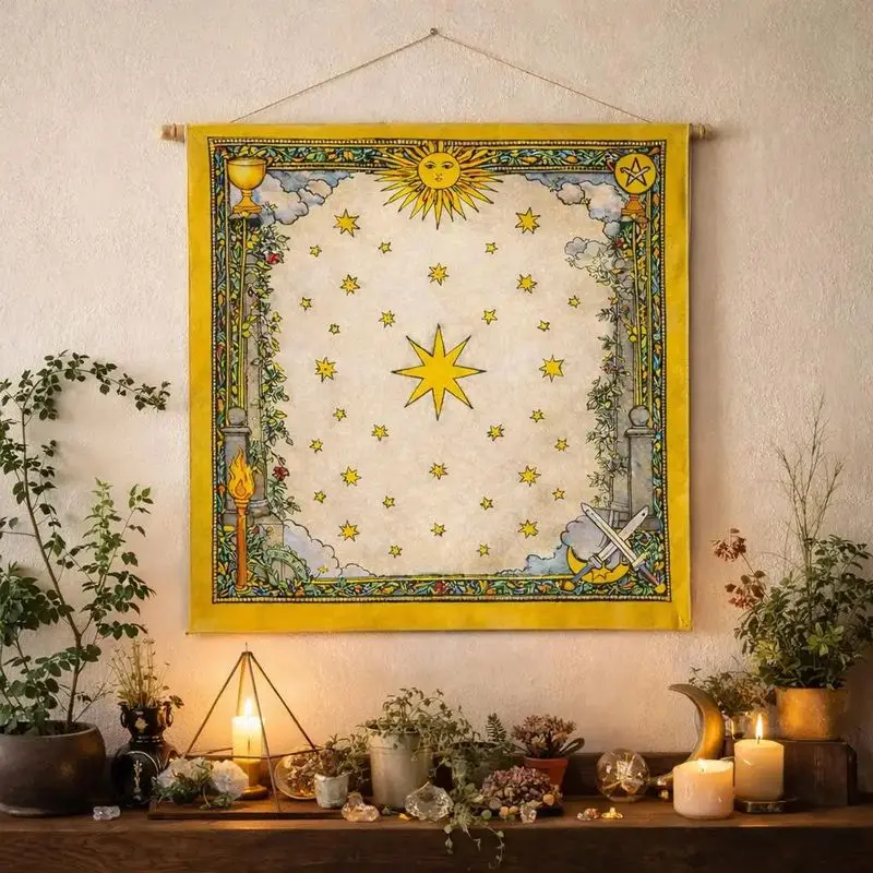 Tarot Altar Cloth Vintage Tarot Card Style Sun Star Cup Sword Wiccan Divination Mat for Witchcraft Spiritual Ritual Home Decor