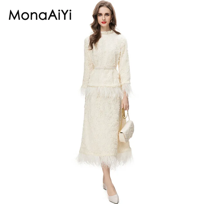 MonaAiYi New Fashion Designer Women's Ruffled Leeves Detachable Beaded Waistband White Tops+Feather Casual Skirt 2pcs Set