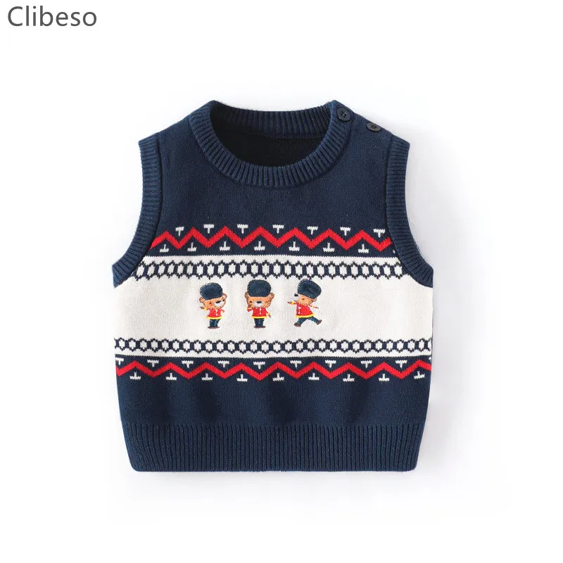 Toddler Boy Soldier Knitted Vest Tops Baby Cartoon Knitwear Children Embroidery Bear Sleeveless Knit Sweater Spring Baby Clothes