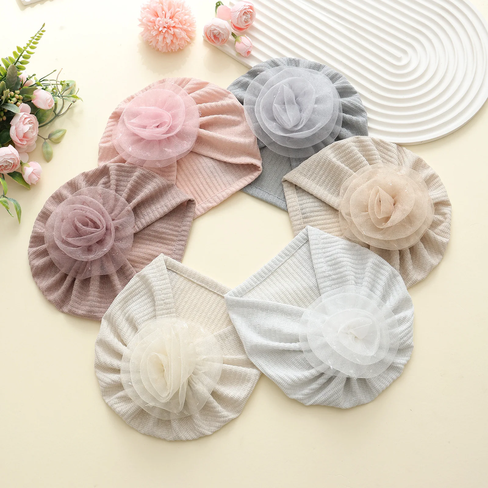 3 قطعة/الوحدة زهرة الطفل قبعة طفل الفتيات لطيف لينة قبعات صغيرة الوليد Photoprops أغطية الرأس قبعة هندية الأزهار عمامة قبعة الاطفال Gorros #6