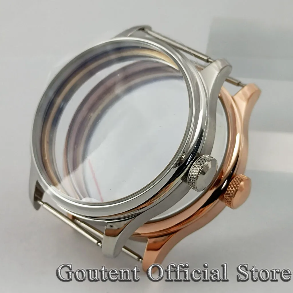 Goutent 44mm Silver Rose Gold Black PVD Steel Watch Case Fit ETA 6497/6498 Seagull ST3600/3620 Movement