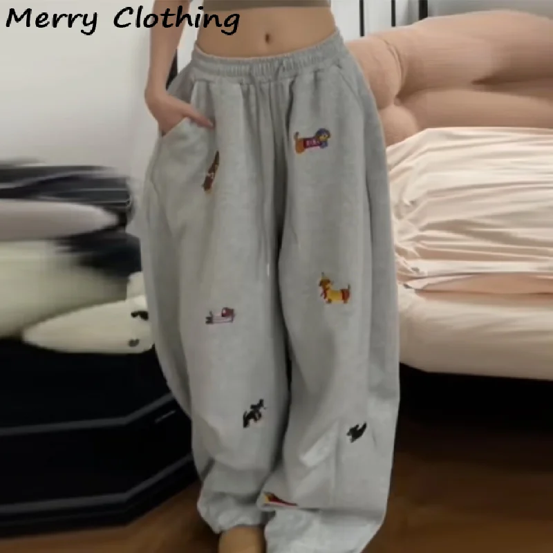 Street Style Worsthond Borduren Rechte Wijde Pijpen Joggingbroek Dames Trekkoord Taille Retro Geplooide Slanke Casual Enkelbroek